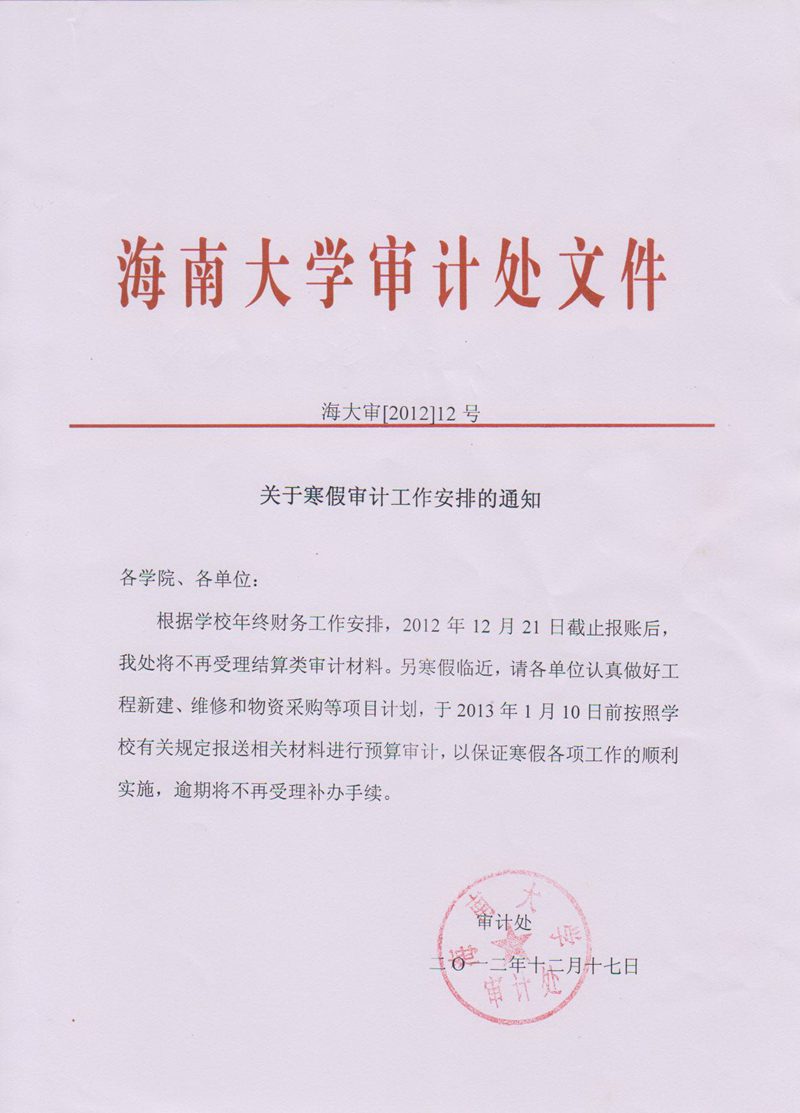 关于寒假审计工作安排的通知